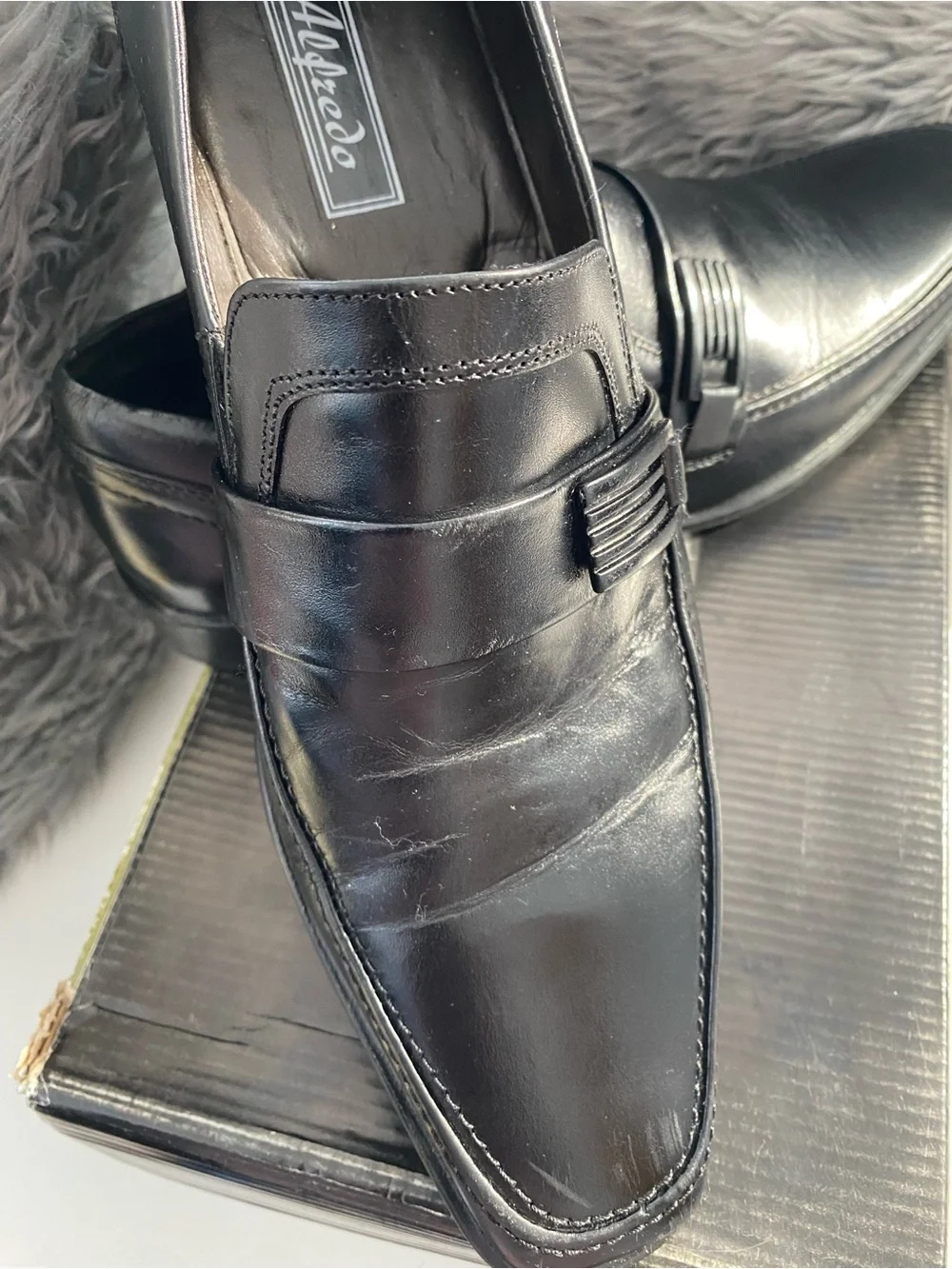 Alfredo Black Leather Slip-On Loafers with Decorative Strap